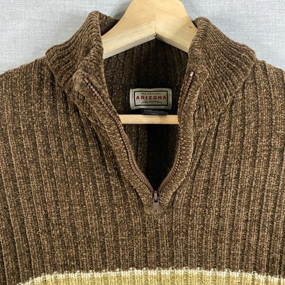 Arizona Jean Co. Men’s Brown & Tan Striped 1/4 Zip Ribbed Sweater Size Large - Picture 4 of 7